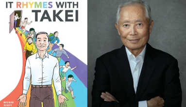 George Takei's book cover- It rhymes with Takei next to a photo of George Takei